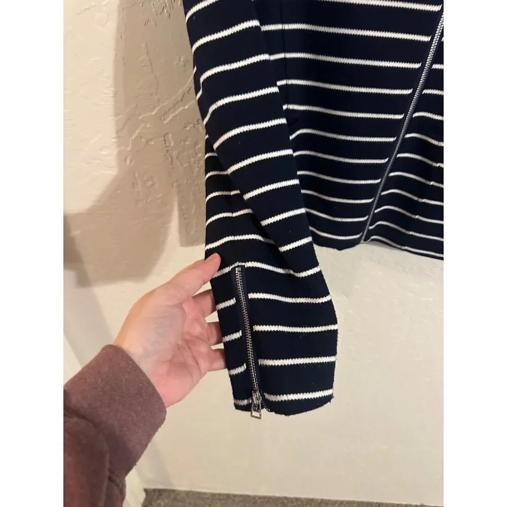 Bagatelle Y Navy & White Pocketed Striped Zipper Moto Sweater Jacket - Picture 5 of 13